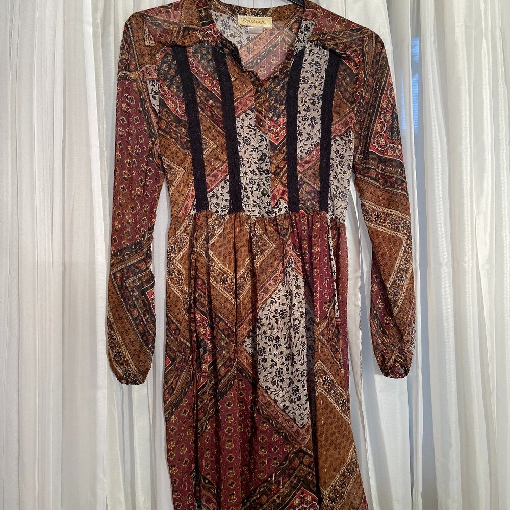 Davina Boho Peasant Dress Women's Medium Patchwork Sheer Earthtones Long Sleeve